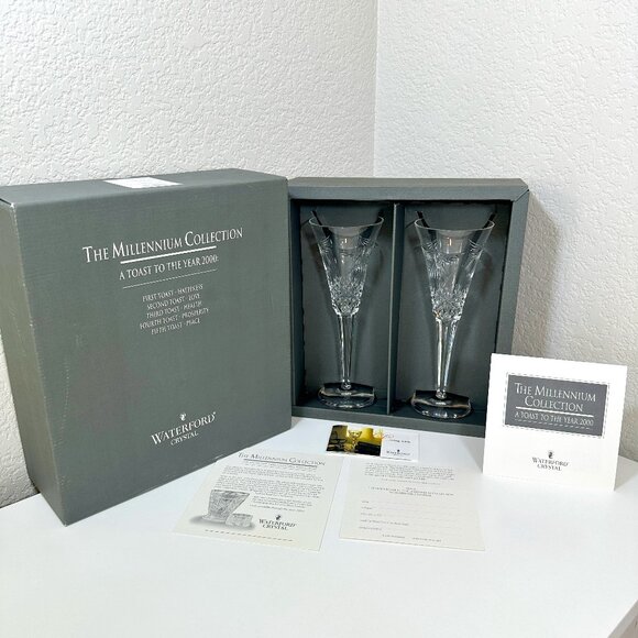 NEW Waterford Crystal Millennium Collection Toast Of The Year 2000 Y2K 2 Flutes